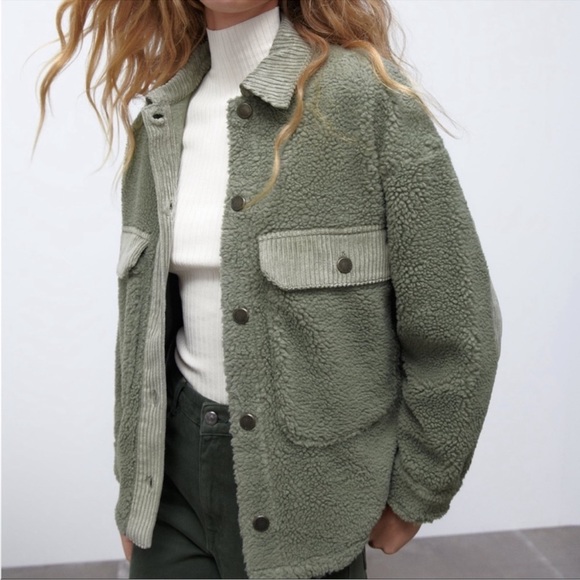 Zara Green Sherpa with corduroy details Jacket with Pockets -XS OVERSIZED BOXY - Picture 1 of 7